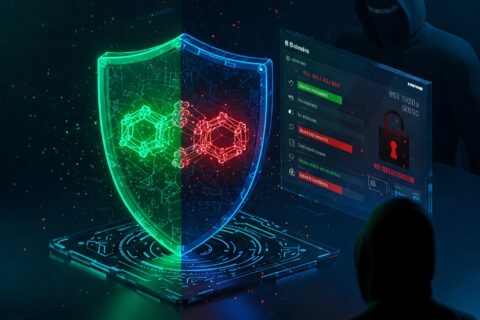 Digital shield protecting financial transactions from cybercriminals with lock, blockchain, and warning symbols