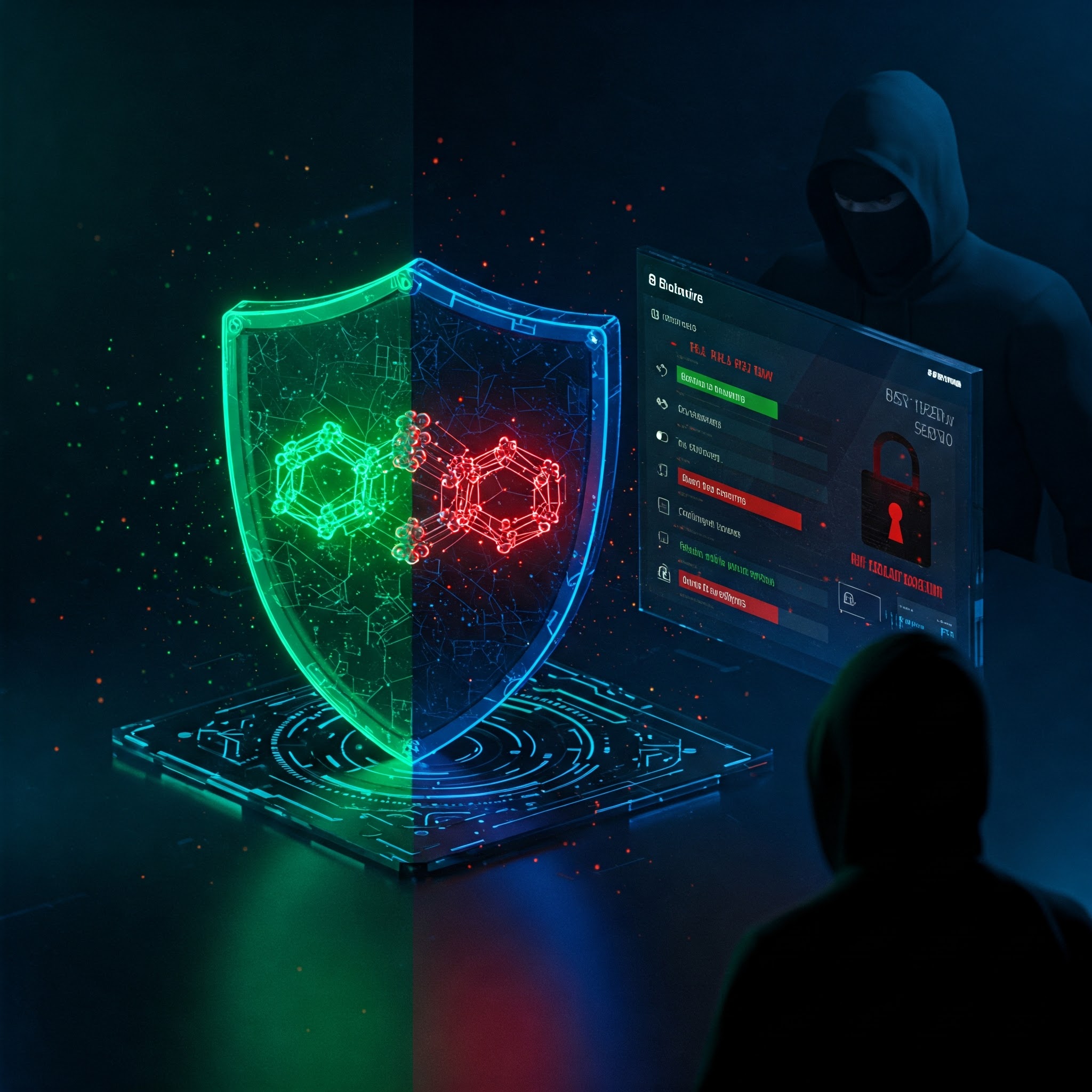 Digital shield protecting financial transactions from cybercriminals with lock, blockchain, and warning symbols