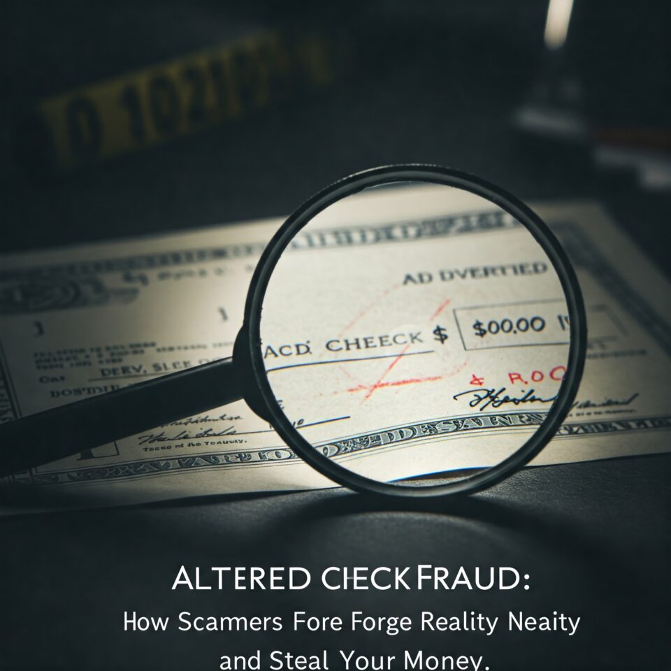 Image illustrating altered check fraud, showing a check with changes to the payee and amount.